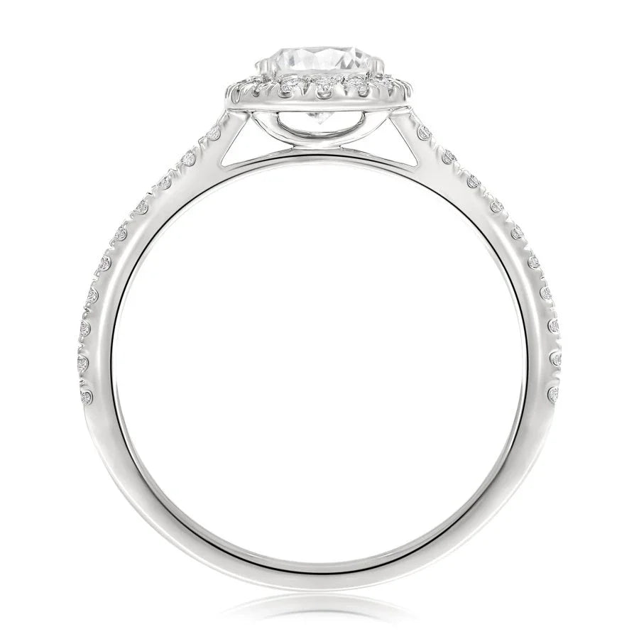 Bague Halo diamant ovale en or blanc avec pavage étincelant, vue latérale.