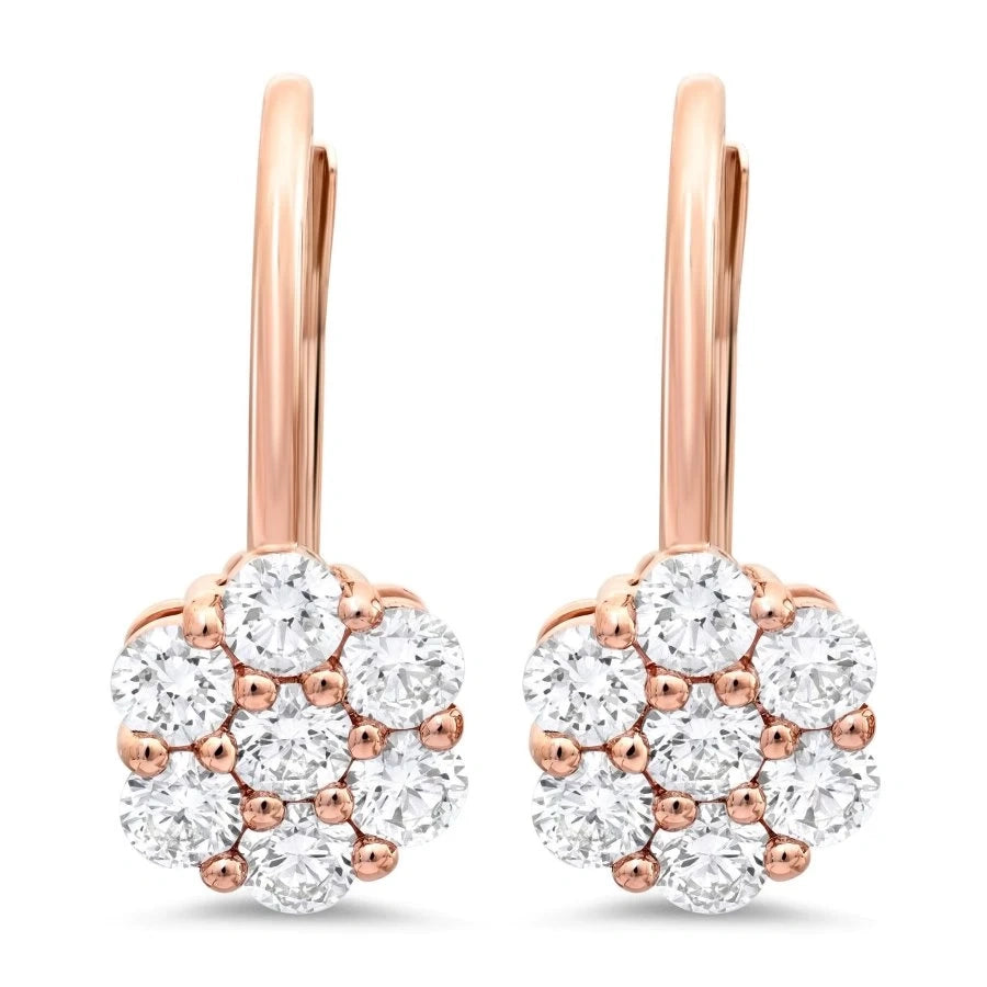 Boucles d’oreilles en or rose serties de diamants ronds, modèle Rosali, vue de face avec un design intemporel.