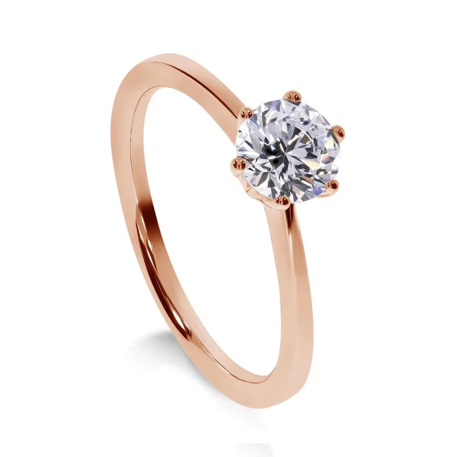 Bague de fiançailles Solitaire Pur Diamant Rond en or rose avec diamant certifié GIA, vue de face.