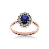 Bague de fiançailles Saphir Impérial en or rose avec saphir bleu de 2,55 carats et halo de diamants, vue de face.